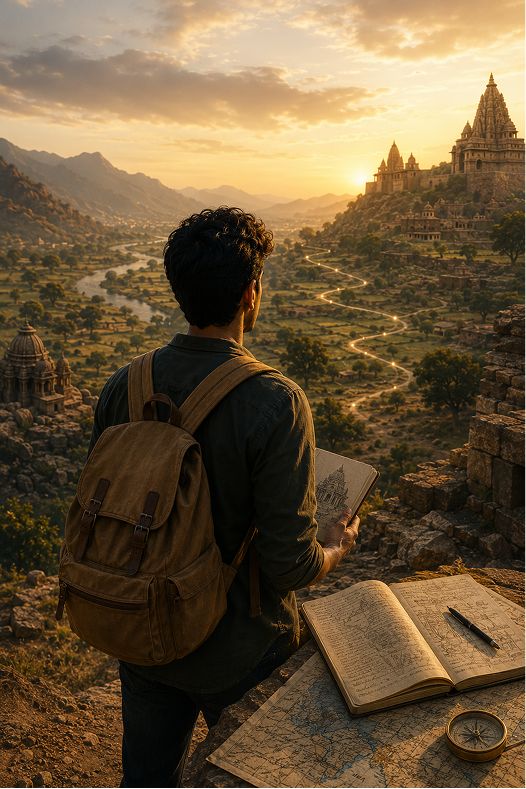 Historian looking over ancient river valley, temples, and landscape with field journal and maps